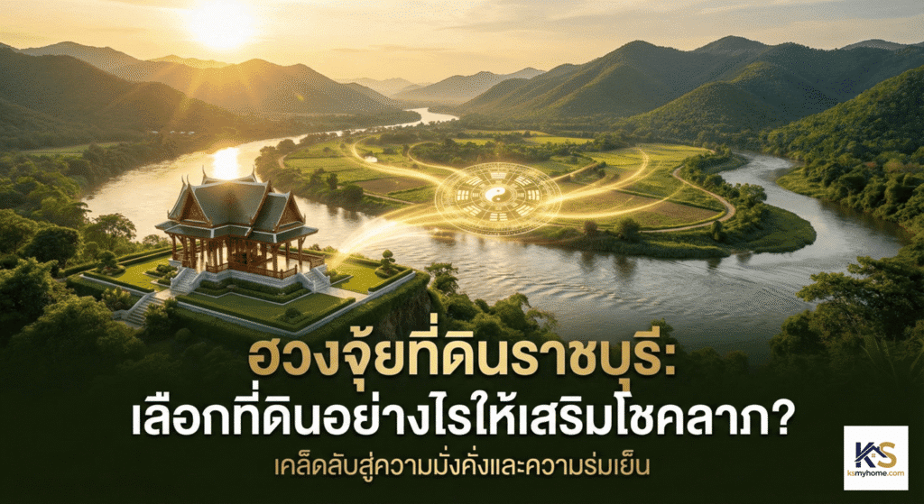 ภาพปกบทความแนะนำวิธีเลือกซื้อที่ดินราชบุรีตามหลักฮวงจุ้ย แสดงภาพทำเลทองที่มีภูเขาและสายน้ำล้อมรอบเพื่อเสริมโชคลาภและความมั่งคั่งให้แก่ผู้อยู่อาศัย