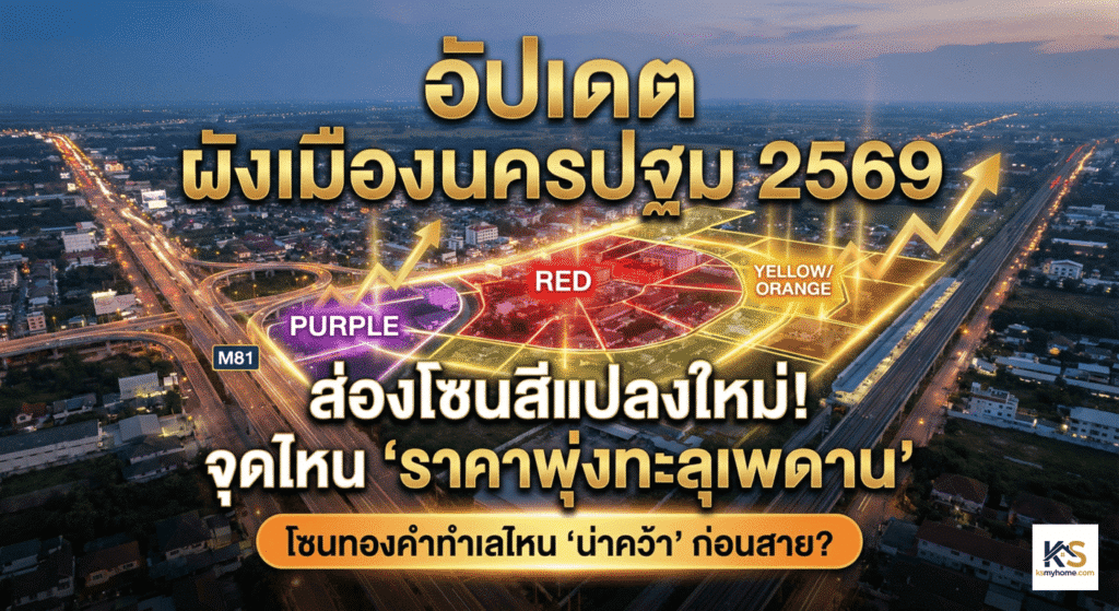 ภาพกราฟิกปกบทความแสดงผังเมืองนครปฐมปี 2569 มุมสูงยามค่ำคืน ไฮไลต์โซนสีแดง ม่วง และเหลือง ตามแนวรถไฟฟ้าและมอเตอร์เวย์ M81 มีลูกศรสีทองพุ่งขึ้นสื่อถึงราคาที่ดินที่พุ่งสูง พร้อมข้อความพาดหัว "อัปเดต ผังเมืองนครปฐม 2569 ส่องโซนสีแปลงใหม่