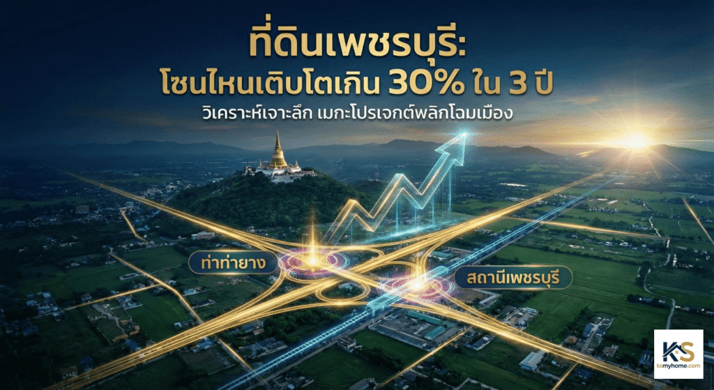 แผนภาพวิเคราะห์การเติบโตของที่ดินเพชรบุรี แสดงกราฟลูกศรพุ่งขึ้นมากกว่า 30% ภายใน 3 ปี เหนือภูมิทัศน์เขาวังและเครือข่ายคมนาคมที่ส่องสว่าง เชื่อมโยงจุดสำคัญ 'ท่าท่ายาง' และ 'สถานีเพชรบุรี' ภายใต้หัวข้อ 'ที่ดินเพชรบุรี: โซนไหนเติบโตเกิน 30% ใน 3 ปี วิเคราะห์เจาะลึก เมกะโปรเจกต์พลิกโฉมเมือง