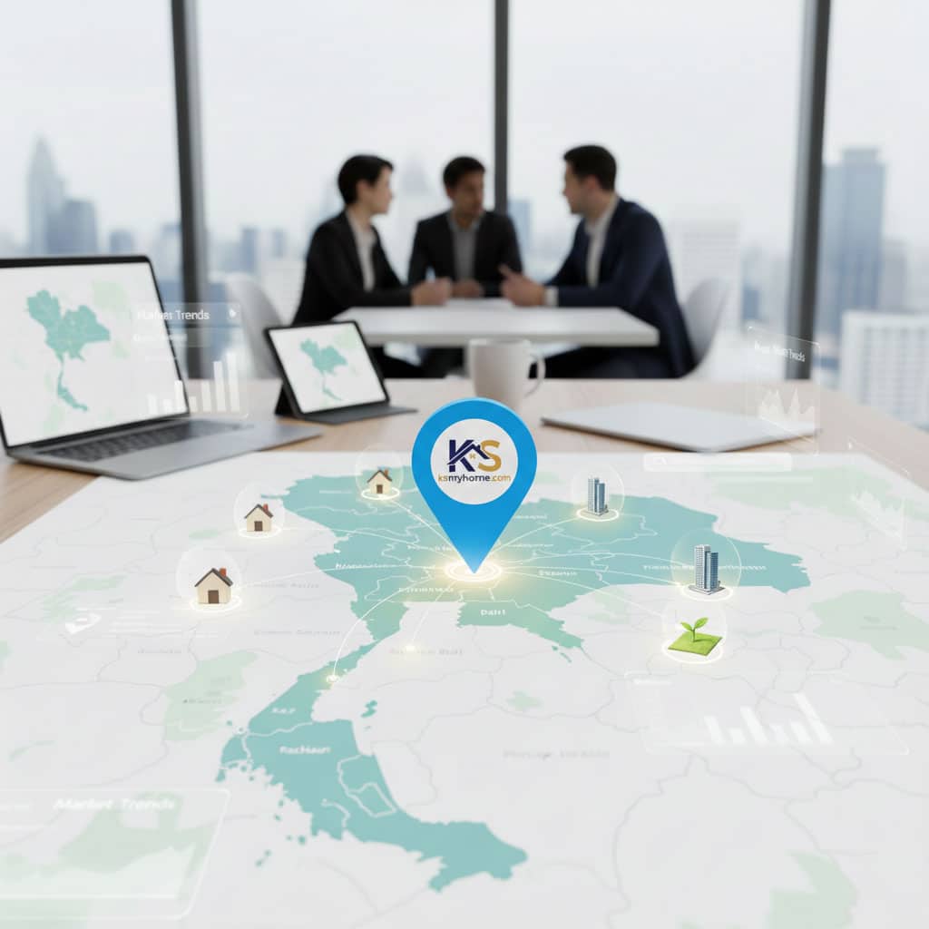 แผนที่แสดงความครอบคลุมพื้นที่บริการของ KS My Home ในภาคตะวันตก (ราชบุรี, เพชรบุรี, นครปฐม, กาญจนบุรี, สุพรรณบุรี, สมุทรสาคร, สมุทรสงคราม, ประจวบคีรีขันธ์) โดยมีโลโก้ KS อยู่บนหมุดปักแผนที่ พร้อมภาพทีมงานมืออาชีพกำลังประชุม