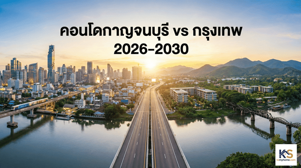 นักลงทุนกำลังวิเคราะห์กราฟเปรียบเทียบราคาและผลตอบแทน คอนโดกาญจนบุรี vs กรุงเทพฯ ปี 2026-2030 พร้อมโมเดลมอเตอร์เวย์ M81