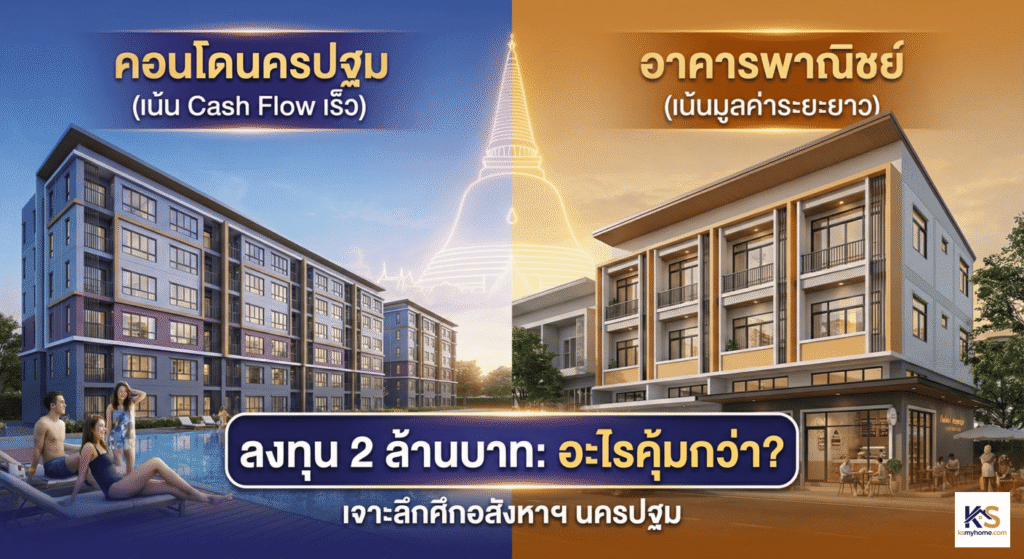 ภาพเปรียบเทียบการลงทุนอสังหาริมทรัพย์ในนครปฐม งบ 2 ล้านบาท ระหว่างคอนโดมิเนียมปล่อยเช่า (ซ้าย) กับอาคารพาณิชย์ตึกแถว (ขวา) โดยมีฉากหลังเป็นองค์พระปฐมเจดีย์ สื่อถึงทำเลศักยภาพ พร้อมข้อความพาดหัว ลงทุน 2 ล้านบาท อะไรคุ้มกว่า?