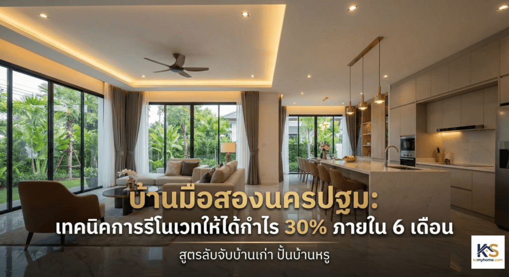 ภาพภายในบ้านมือสองนครปฐมที่ได้รับการรีโนเวทอย่างหรูหรา แสดงห้องนั่งเล่นและห้องครัวแบบเปิดโล่ง (Open Plan) พร้อมเฟอร์นิเจอร์และการตกแต่งที่ทันสมัย มีแสงไฟอบอุ่นสร้างบรรยากาศ บนภาพมีข้อความภาษาไทยตัวใหญ่เขียนว่า "บ้านมือสองนครปฐม: เทคนิคการรีโนเวทให้ได้กำไร 30% ภายใน 6 เดือน" และข้อความรองด้านล่าง "สูตรลับจับบ้านเก่า ปั้นบ้านหรู"