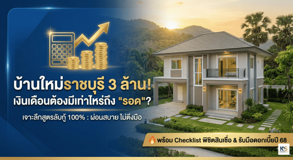 หน้าปกบทความแนะนำการกู้ซื้อบ้านใหม่ราชบุรีราคา 3 ล้านบาท หัวข้อ "เงินเดือนต้องมีเท่าไหร่ถึงรอด" พร้อมภาพประกอบบ้านเดี่ยวและไอคอนคำนวณทางการเงิน เจาะลึกสูตรกู้ 100% และการรับมือดอกเบี้ยปี 68