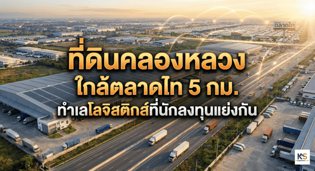 ภาพมุมสูงแสดงทำเลที่ดินคลองหลวงและโกดังสินค้าโลจิสติกส์ ใกล้ตลาดไท พร้อมข้อความกราฟิก 'ที่ดินคลองหลวง ใกล้ตลาดไท 5 กม. ทำเลโลจิสติกส์ที่นักลงทุนแย่งกัน' และป้ายสัญลักษณ์ตลาดไท