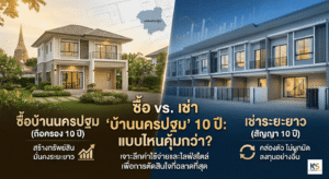 ภาพปกบทความเปรียบเทียบข้อดีข้อเสียทางการเงินระหว่างการซื้อบ้านนครปฐมกับการเช่าระยะยาว 10 ปี แสดงภาพบ้านเดี่ยวและทาวน์โฮมพร้อมข้อความสรุปจุดเด่นของแต่ละทางเลือก