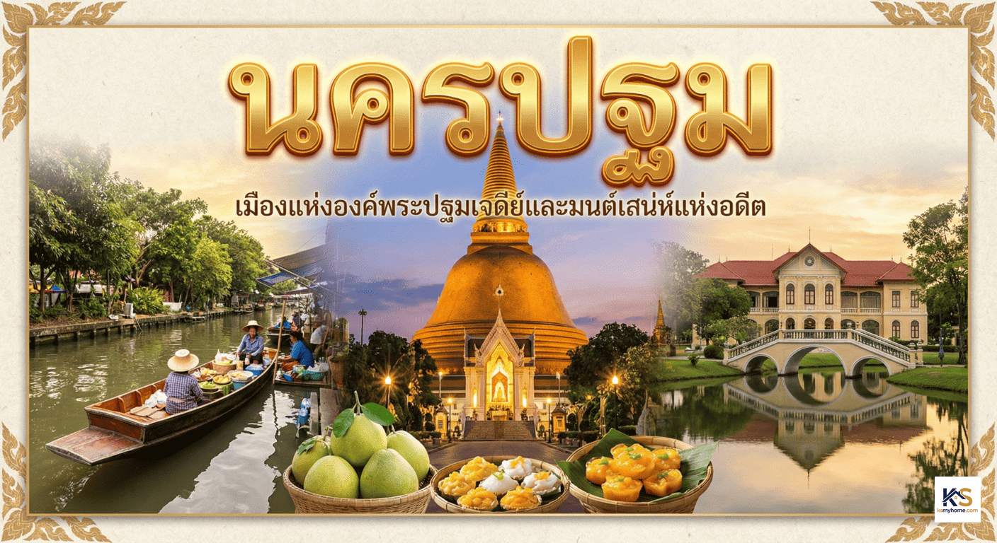 ภาพปกบทความท่องเที่ยวนครปฐม วิวแลนด์มาร์คองค์พระปฐมเจดีย์ พระราชวังสนามจันทร์ และคาเฟ่สวนสวย พร้อมตัวอักษรคำว่า นครปฐม
