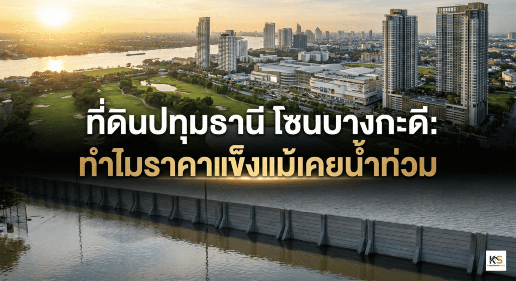 ภาพเมืองและสนามกอล์ฟริมแม่น้ำเจ้าพระยา พร้อมคันกั้นน้ำและข้อความที่ดินปทุมธานี โซนบางกะดี: ทำไมราคาแข็งแม้เคยน้ำท่วม
