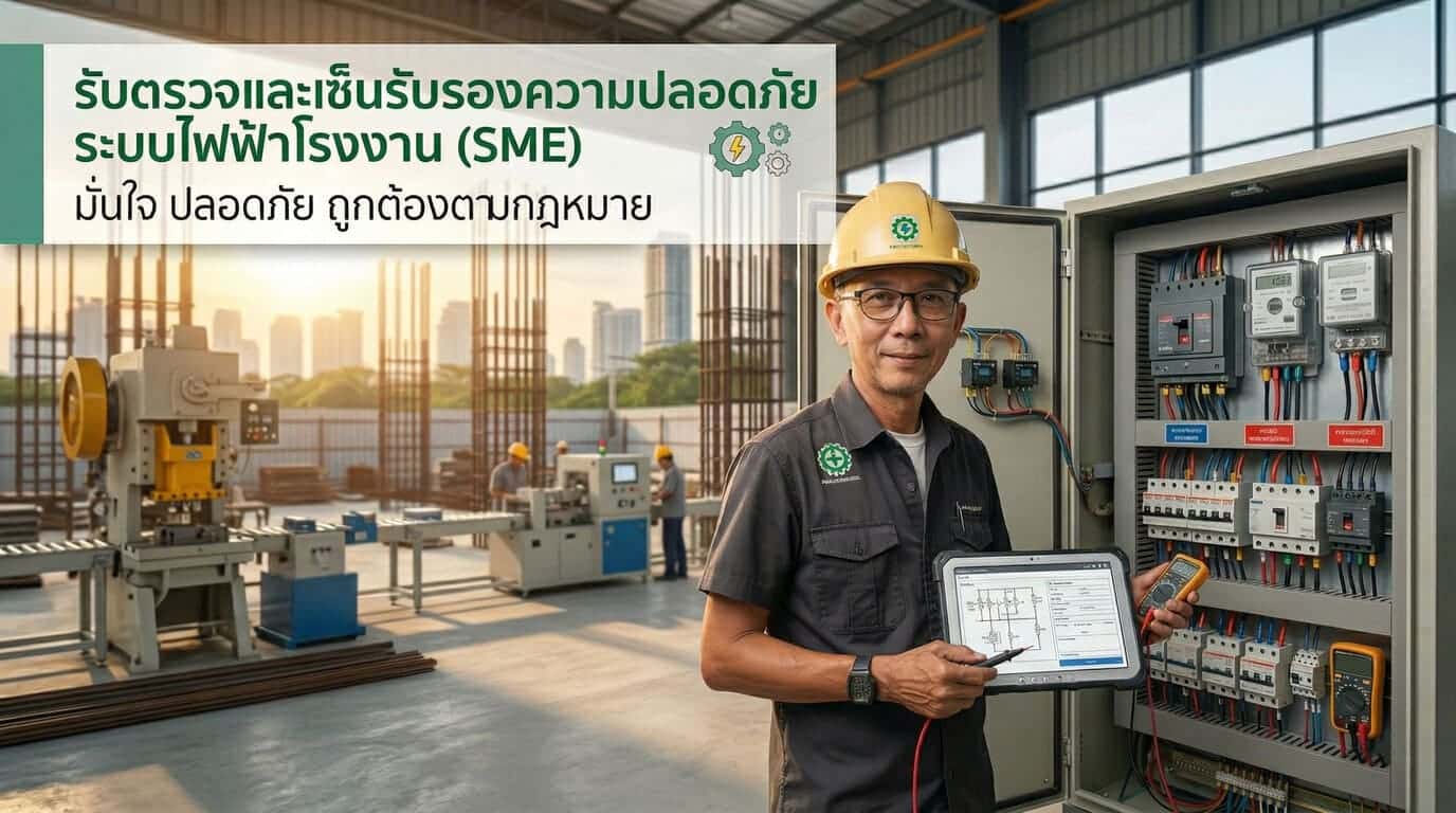 วิศวกรผู้เชี่ยวชาญกำลังตรวจสอบตู้ควบคุมไฟฟ้าและระบบไฟฟ้าภายในโรงงาน สำหรับบริการรับตรวจและเซ็นรับรองความปลอดภัยระบบไฟฟ้าโรงงาน SME