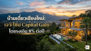 ภาพแบนเนอร์บทความอสังหาริมทรัพย์ โดดเด่นด้วยข้อความภาษาไทย 'บ้านเดี่ยวเชียงใหม่: เจาะโซน Capital Gain โตแรงเกิน 8% ต่อปี' ตัวอักษรสีขาวและสีทองสะดุดตา ฉากหลังเป็นภาพบ้านเดี่ยวสองชั้นสไตล์โมเดิร์นสุดหรูพร้อมสระว่ายน้ำส่วนตัว ตั้งอยู่บนเนินเขาที่สามารถมองเห็นวิวทิวทัศน์ของเมืองเชียงใหม่และภูเขาดอยสุเทพได้อย่างกว้างไกลภายใต้แสงยามเย็นที่สวยงาม