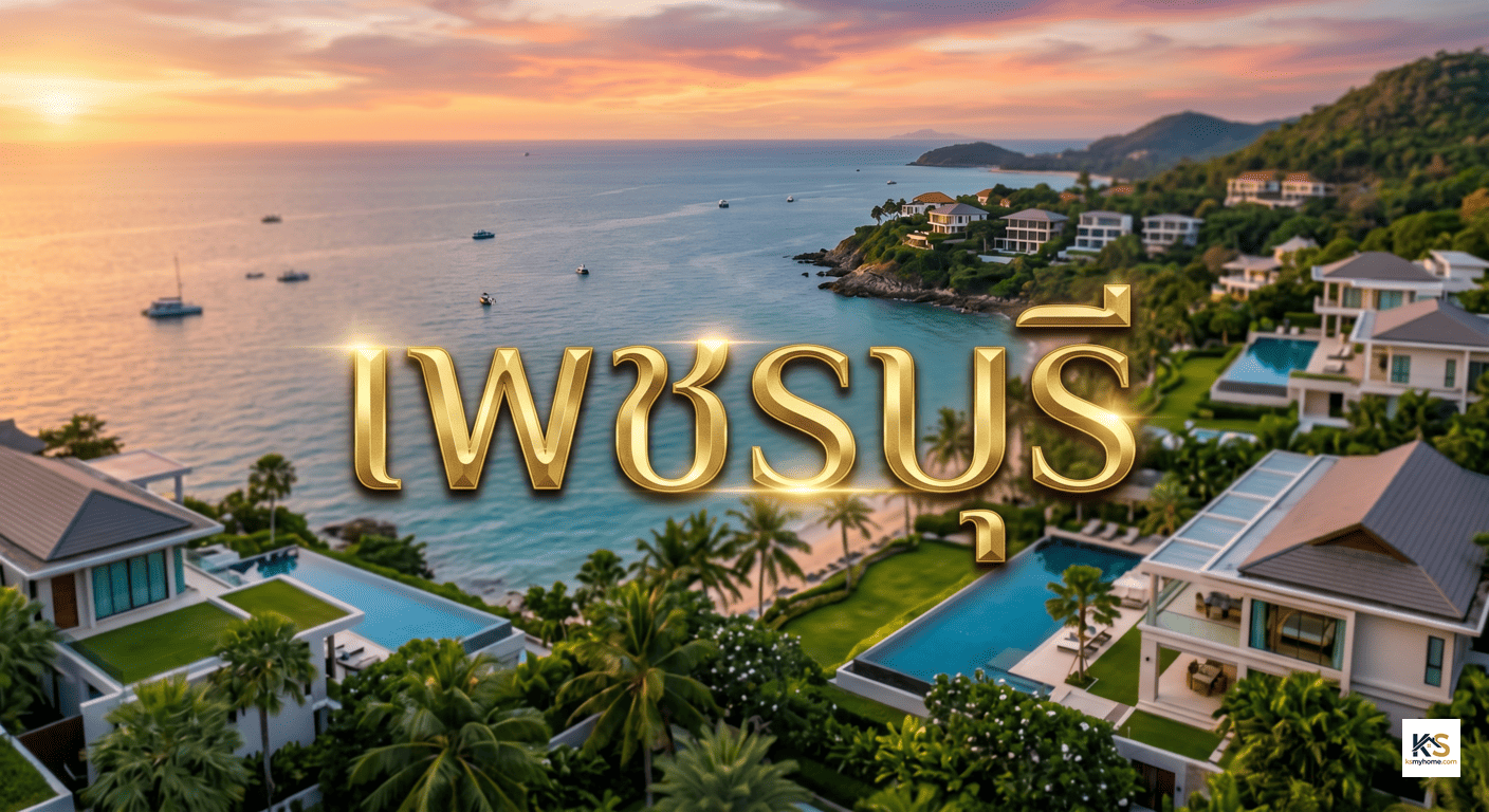 ภาพหน้าปกบทความรวมข้อมูลอสังหาริมทรัพย์จังหวัดเพชรบุรี โดดเด่นด้วยข้อความสีทอง พื้นหลังเป็นวิวบ้านพักตากอากาศและวิลล่าหรูริมทะเล