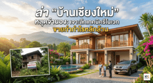 ภาพปกบทความ "ล่าบ้านเชียงใหม่หลุดจำนอง: เจาะลึกเทคนิครีโนเวทขายทำกำไรหลักล้าน" แสดงภาพเปรียบเทียบก่อนและหลัง (Before/After) ระหว่างบ้านไม้เก่าสภาพทรุดโทรมที่หลุดจำนอง และบ้านเดี่ยวสองชั้นสไตล์โมเดิร์นทรอปิคอลที่ผ่านการรีโนเวทใหม่จนสวยงามหรูหรา ท่ามกลางวิวภูเขาธรรมชาติในจังหวัดเชียงใหม่ พร้อมครอบครัวและตัวแทนอสังหาริมทรัพย์ยืนอยู่หน้าบ้าน