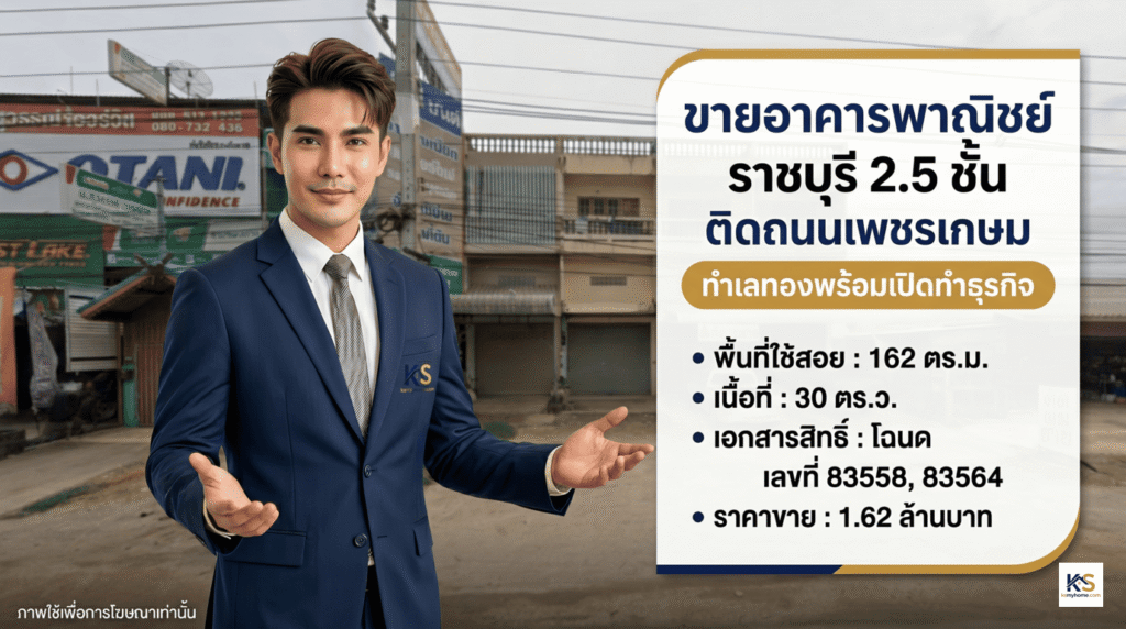 ภาพโฆษณาอสังหาริมทรัพย์ระดับมืออาชีพ มีผู้ชายไทยสวมสูทยืนผายมือนำเสนอทรัพย์ พื้นหลังเป็นภาพอาคารพาณิชย์จริง 2.5 ชั้น ทางด้านขวาเป็นแผงอินโฟกราฟิกพร้อมโลโก้ KS และข้อความภาษาไทยหลัก: 'ขายอาคารพาณิชย์ ราชบุรี 2.5 ชั้น ติดถนนเพชรเกษม ทำเลทองพร้อมเปิดทำธุรกิจ' พร้อมรายการรายละเอียด (ในภาษาไทย): พื้นที่ใช้สอย: 162 ตร.ม., เนื้อที่: 30 ตร.ว., เอกสารสิทธิ์: โฉนด เลขที่ 83558, 83564, ราคาขาย: 1.62 ล้านบาท. ด้านล่างมีโลโก้ ksmyhome.com และข้อความขนาดเล็ก: 'ภาพใช้เพื่อการโฆษณาเท่านั้น