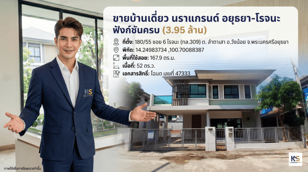 โฆษณาขายบ้านเดี่ยว นราแกรนด์ อยุธยา-โรจนะ ราคา 3.95 ล้านบาท มีพรีเซนเตอร์ชายสวมสูทสีน้ำเงินผายมือแนะนำรายละเอียดทรัพย์สิน ด้านขวาเป็นรูปถ่ายบ้านเดี่ยวสองชั้นพร้อมรั้ว พร้อมรายการรายละเอียดเชิงอินโฟกราฟิกด้านบน