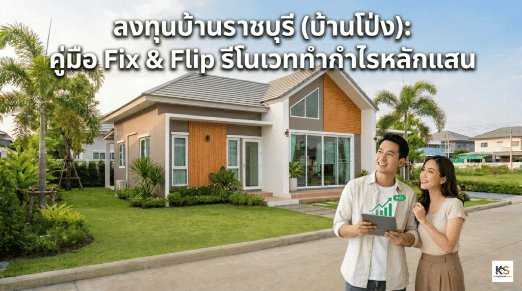 รูปภาพปกบทความที่มีข้อความ "ลงทุนบ้านราชบุรี (บ้านโป่ง): คู่มือ Fix & Flip รีโนเวททำกำไรหลักแสน" ประกอบกับภาพบ้านชั้นเดียวสไตล์คอนเทมโพรารีที่ตกแต่งอย่างสวยงามพร้อมสวนร่มรื่น และภาพคู่รักนักลงทุนกำลังยืนยิ้มถือแท็บเล็ตดูผลงานการรีโนเวทบ้าน