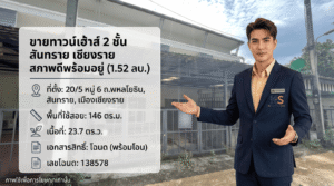ภาพประกาศขายทาวน์เฮ้าส์ 2 ชั้น สภาพดีพร้อมอยู่ ทำเลสันทราย เมืองเชียงราย ราคา 1.52 ล้านบาท พื้นที่ 23.7 ตร.ว. พร้อมรายละเอียดทรัพย์และเลขโฉนด 138578 โดยมีพนักงานขายจาก ksmyhome.com ยืนนำเสนออยู่ด้านหน้าตัวบ้าน
