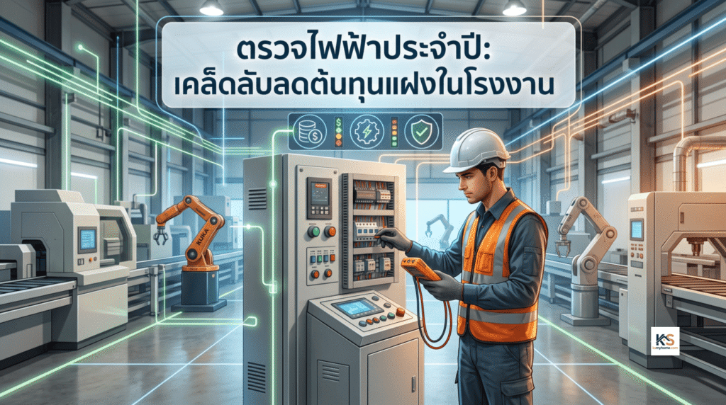 ภาพช่างวิศวกรสวมหมวกนิรภัยและเสื้อกั๊กสะท้อนแสงกำลังตรวจสอบตู้ควบคุมไฟฟ้าในโรงงานอุตสาหกรรม พร้อมข้อความ "ตรวจไฟฟ้าประจำปี: เคล็ดลับลดต้นทุนแฝงในโรงงาน"