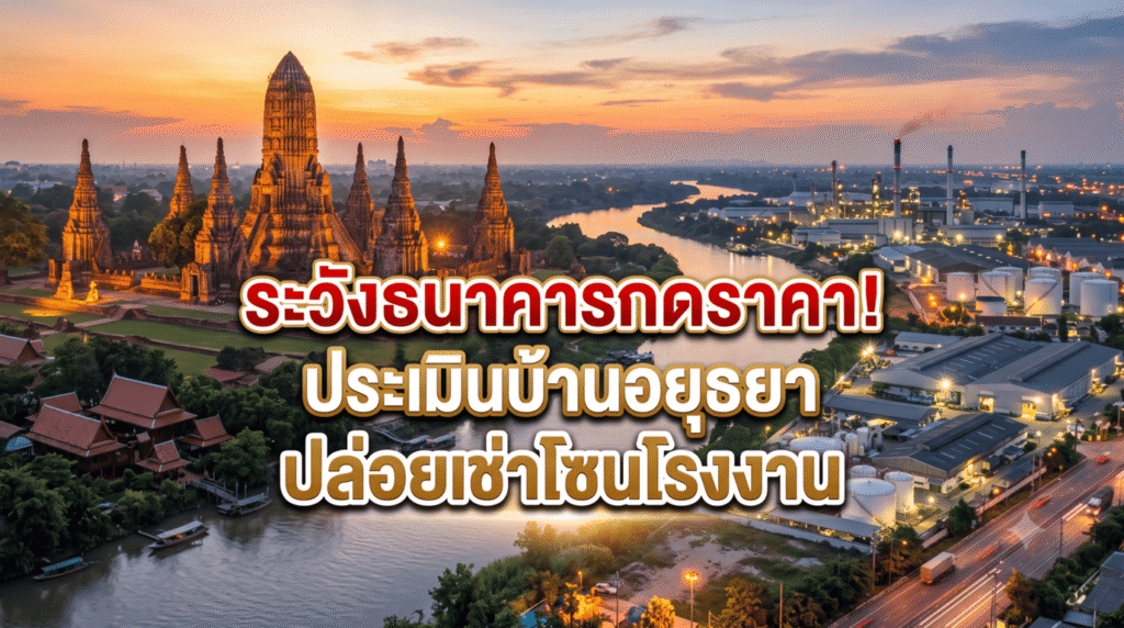 ภาพปกบทความอสังหาริมทรัพย์ มีข้อความหลักเขียนว่า "ระวังธนาคารกดราคา! ประเมินบ้านอยุธยา ปล่อยเช่าโซนโรงงาน" พร้อมภาพพื้นหลังมุมสูงที่แสดงให้เห็นถึงโบราณสถานของจังหวัดอยุธยาตั้งอยู่ใกล้เคียงกับเขตโรงงานอุตสาหกรรม