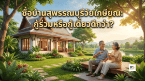 ภาพปกบทความ คู่สามีภรรยาวัยเกษียณกำลังนั่งพักผ่อนอย่างมีความสุขหน้าบ้านทรงไทยท่ามกลางธรรมชาติที่สวยงาม พร้อมข้อความบนรูปภาพเขียนว่า "ซื้อบ้านสุพรรณบุรีวัยเกษียณ: กู้ร่วมหรือกู้เดี่ยวดีกว่า?"