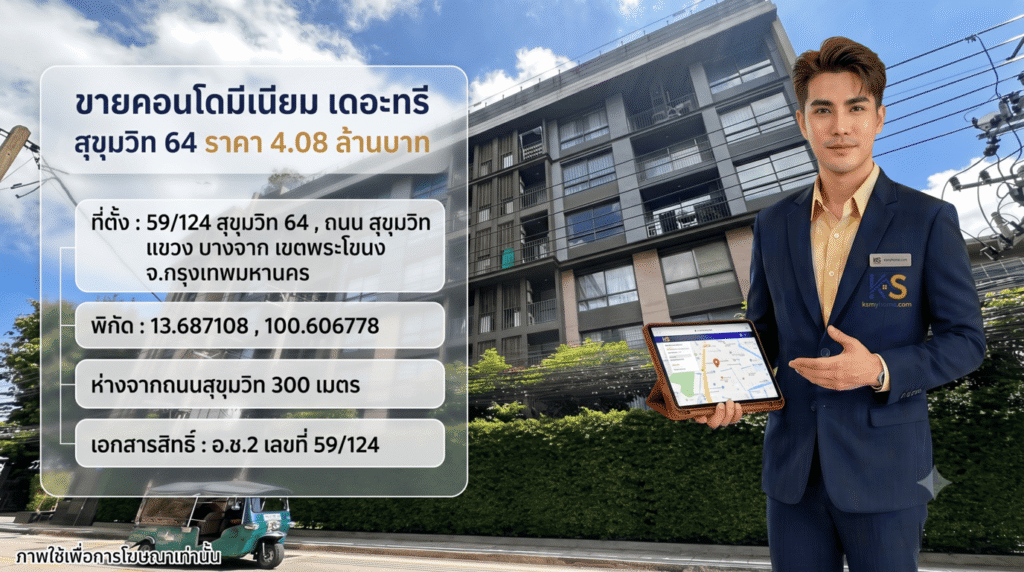 ภาพโฆษณาขายคอนโดมิเนียม "เดอะทรี สุขุมวิท 64" โดยมีตัวแทนอสังหาริมทรัพย์ชายในชุดสูทสีน้ำเงินยืนนำเสนอข้อมูลอยู่ด้านขวา พร้อมถือแท็บเล็ตแสดงแผนที่ ด้านซ้ายมีแผงข้อมูลอินโฟกราฟิกภาษาไทยระบุราคา 4.08 ล้านบาท และรายละเอียดที่ตั้งอย่างชัดเจน พื้นหลังเป็นอาคารคอนโดจริงพร้อมรถตุ๊กตุ๊กสีเขียว และมีโลโก้ ksmyhome.com อยู่ที่อกสูทของพนักงาน