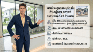 แบนเนอร์ประกาศขายบ้านเดี่ยว 1 ชั้นในจังหวัดสุพรรณบุรี พร้อมรูปพนักงานขายชายในชุดสูทสีน้ำเงินเข้มยืนผายมือแสดงทรัพย์สิน มีข้อความภาษาไทยระบุราคา 1.23 ล้านบาท รายละเอียดที่ตั้ง (ต.อู่ทอง อ.อู่ทอง), พิกัด GPS, พื้นที่ใช้สอย 104 ตร.ม., เนื้อที่ 101.1 ตร.ว., และเลขที่โฉนด 46424,46423 พร้อมรูปถ่ายขนาดเล็กของบ้านจริงที่มีรั้วสีสันและข้อความ "ภาพใช้เพื่อการโฆษณาเท่านั้น" ที่มุมซ้ายล่าง