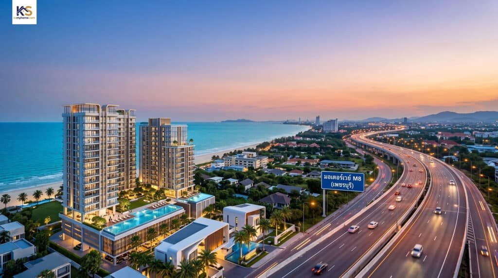 วิวโครงการคอนโดมิเนียมเพชรบุรีริมชายหาด และเส้นทางถนนมอเตอร์เวย์ M8