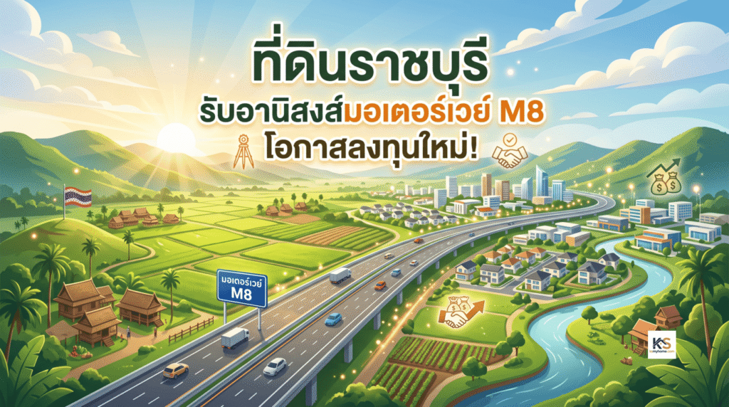 ภาพปกบทความมีข้อความ "ที่ดินราชบุรี รับอานิสงส์มอเตอร์เวย์ M8 โอกาสลงทุนใหม่!" แสดงภาพทิวทัศน์ของถนนมอเตอร์เวย์สายใหม่ที่ทอดยาวผ่านธรรมชาติและพื้นที่ที่กำลังพัฒนา สื่อถึงศักยภาพการเติบโตและโอกาสในการลงทุนอสังหาริมทรัพย์ในจังหวัดราชบุรี