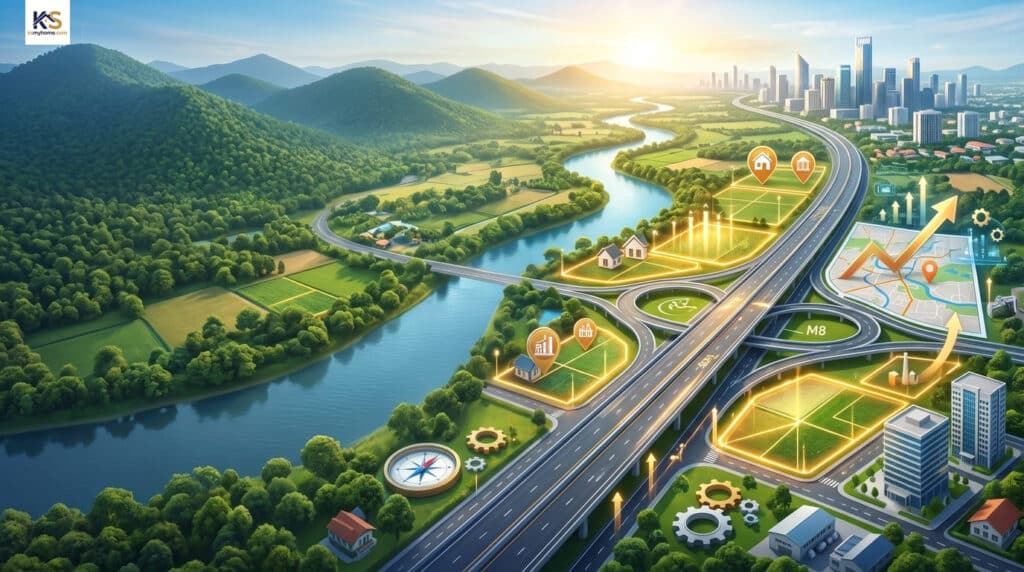 ภาพจำลองทำเลทองที่ดินราชบุรี โครงการมอเตอร์เวย์ M8 แสดงศักยภาพการลงทุนอสังหาริมทรัพย์