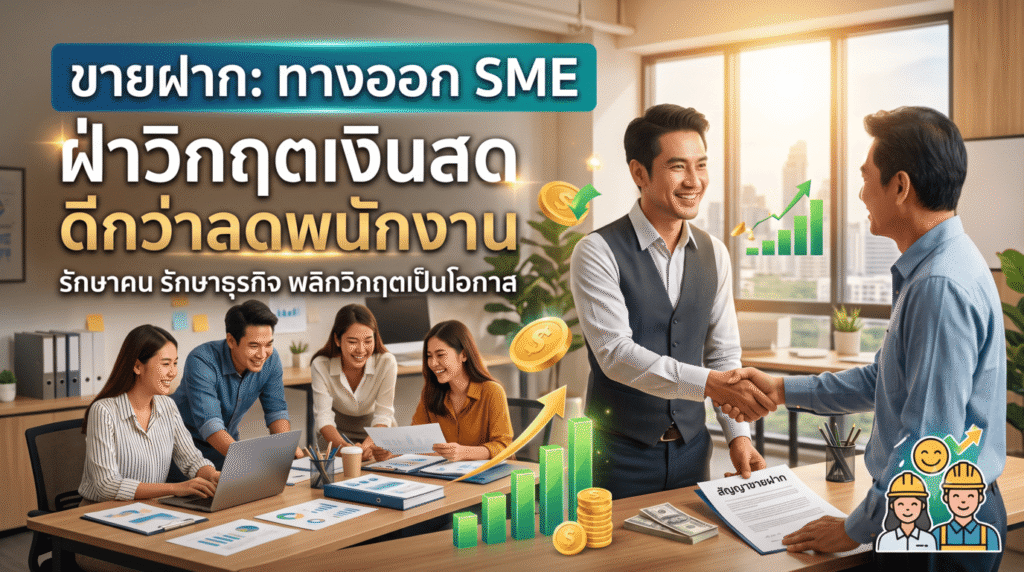ภาพปกบทความออนไลน์ แสดงภาพนักธุรกิจสองคนกำลังจับมือตกลงธุรกิจกันด้วยรอยยิ้ม โดยมีทีมพนักงานนั่งทำงานร่วมกันอย่างมีความสุขเป็นฉากหลัง มีภาพกราฟิคเหรียญทองและกราฟลูกศรสีเขียวพุ่งขึ้นสื่อถึงการเติบโตทางการเงิน พร้อมข้อความตัวอักษรขนาดใหญ่เขียนว่า "ขายฝาก: ทางออก SME ฝ่าวิกฤตเงินสด ดีกว่าลดพนักงาน"