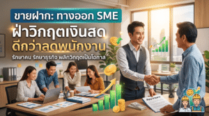 ภาพปกบทความออนไลน์ แสดงภาพนักธุรกิจสองคนกำลังจับมือตกลงธุรกิจกันด้วยรอยยิ้ม โดยมีทีมพนักงานนั่งทำงานร่วมกันอย่างมีความสุขเป็นฉากหลัง มีภาพกราฟิคเหรียญทองและกราฟลูกศรสีเขียวพุ่งขึ้นสื่อถึงการเติบโตทางการเงิน พร้อมข้อความตัวอักษรขนาดใหญ่เขียนว่า "ขายฝาก: ทางออก SME ฝ่าวิกฤตเงินสด ดีกว่าลดพนักงาน"