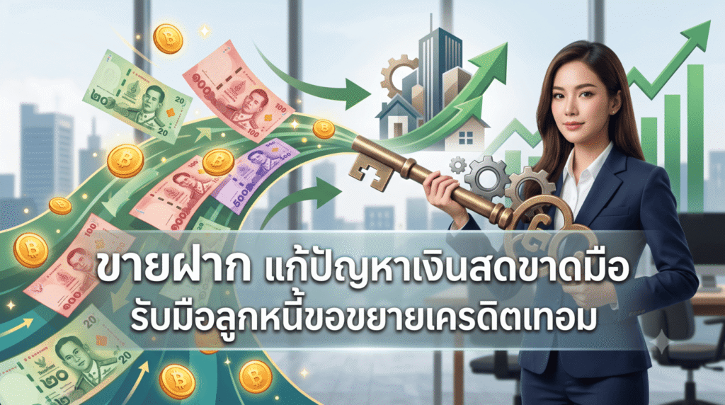 ภาพปกบทความธุรกิจและการเงิน แสดงภาพนักธุรกิจหญิงถือลูกกุญแจขนาดใหญ่ พร้อมกราฟิกธนบัตรไทยและเหรียญที่แสดงถึงกระแสเงินสดและอสังหาริมทรัพย์ มีข้อความระบุว่า "ขายฝาก แก้ปัญหาเงินสดขาดมือ รับมือลูกหนี้ขอขยายเครดิตเทอม"