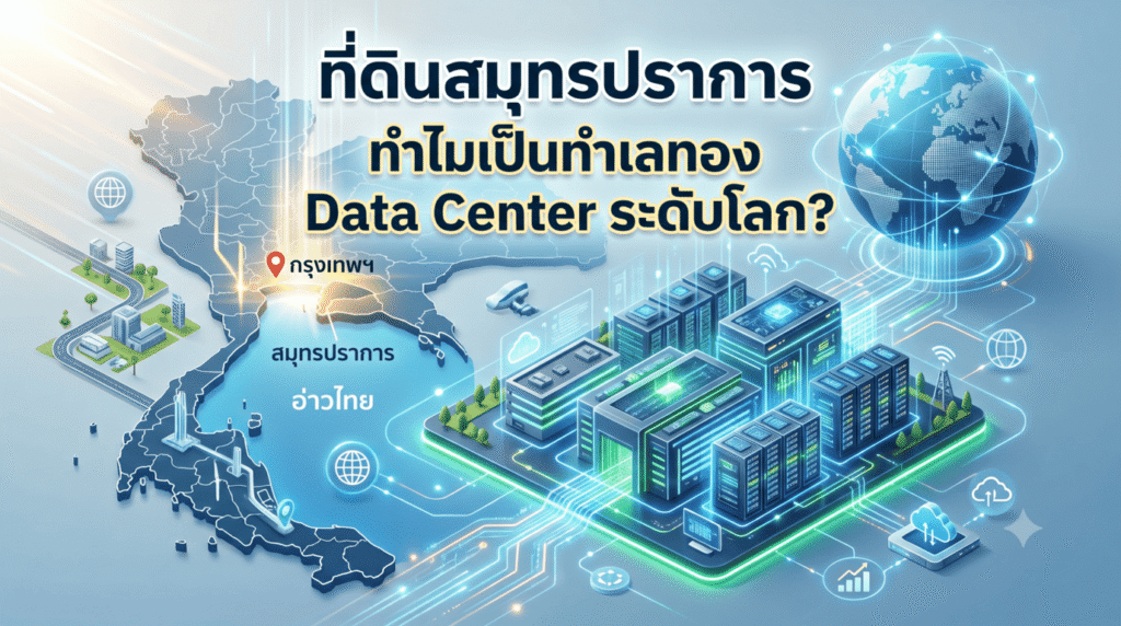 อินโฟกราฟิกแบบไอโซเมตริกแสดงแผนที่ประเทศไทยทางด้านซ้ายที่เน้นการเชื่อมต่อเครือข่ายดิจิทัลด้วยเส้นสายสีน้ำเงินและเขียว มีการระบุตำแหน่ง "กรุงเทพฯ" และ "สมุทรปราการ" ทางด้านขวาเป็นคลัสเตอร์อาคารเซิร์ฟเวอร์และแร็คข้อมูลที่ทันสมัยและมีไฟส่องสว่าง มีเส้นแสงข้อมูลไหลเข้า-ออก และมีลูกโลกที่ห่อหุ้มด้วยเครือข่ายดิจิทัลอยู่ด้านบน มีไอคอนคลาวด์และเครือข่ายกระจายอยู่รอบๆ ข้อความภาษาไทยด้านบนระบุว่า: "ที่ดินสมุทรปราการ ทำไมเป็นทำเลทอง Data Center ระดับโลก?" และมีการระบุ "อ่าวไทย" บนแผนที่