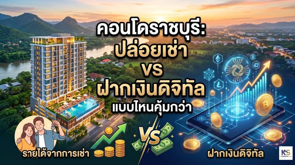 อินโฟกราฟิกเปรียบเทียบการลงทุน: คอนโดราชบุรี ปล่อยเช่า เทียบกับ ฝากเงินดิจิทัล แบบไหนคุ้มกว่า? ด้านซ้ายแสดงภาพคอนโดหรูวิวภูเขาและแม่น้ำราชบุรี พร้อมคู่รักถือกุญแจและกราฟรายได้เช่า ด้านขวาแสดงแท็บเล็ตที่มีกราฟคริปโต, สัญลักษณ์ Bitcoin และเหรียญดิจิทัลต่างๆ