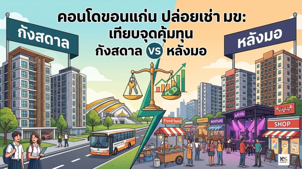 ภาพหน้าปกบทความเปรียบเทียบการลงทุนคอนโดใกล้มหาวิทยาลัยขอนแก่น (มข.) พร้อมข้อความ "คอนโดขอนแก่น ปล่อยเช่า มข: เทียบจุดคุ้มทุน กังสดาล VS หลังมอ" ภาพแบ่งเป็นสองฝั่งเปรียบเทียบกัน ฝั่งซ้ายคือทำเลกังสดาลที่มีบรรยากาศสงบ ใกล้อาคารเรียน และรถชัตเติลบัส ฝั่งขวาคือทำเลหลังมอที่คึกคัก เต็มไปด้วยร้านอาหาร สตรีทฟู้ด และแหล่งช้อปปิ้ง ตรงกลางมีตาชั่งและกราฟการเงินสื่อถึงการวิเคราะห์ความคุ้มค่า
