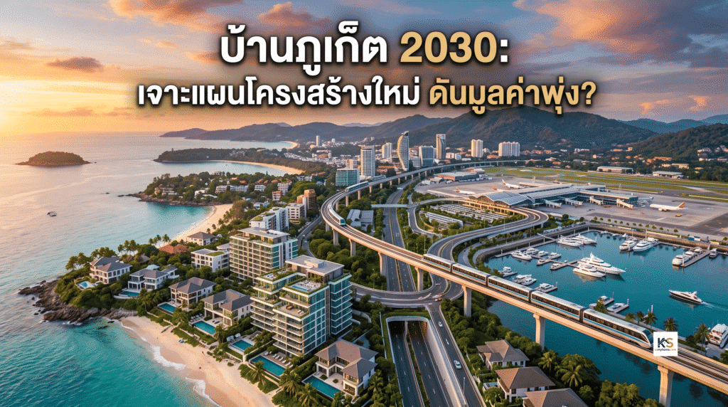 ภาพปกบทความแสดงภาพจำลองเมืองภูเก็ตริมทะเลในอนาคตปี 2030 ที่มีโครงสร้างพื้นฐานล้ำสมัย ทั้งรถไฟฟ้า ทางด่วน ท่าเรือยอร์ช และสนามบิน พร้อมข้อความตัวอักษร "บ้านภูเก็ต 2030: เจาะแผนโครงสร้างใหม่ ดันมูลค่าพุ่ง?