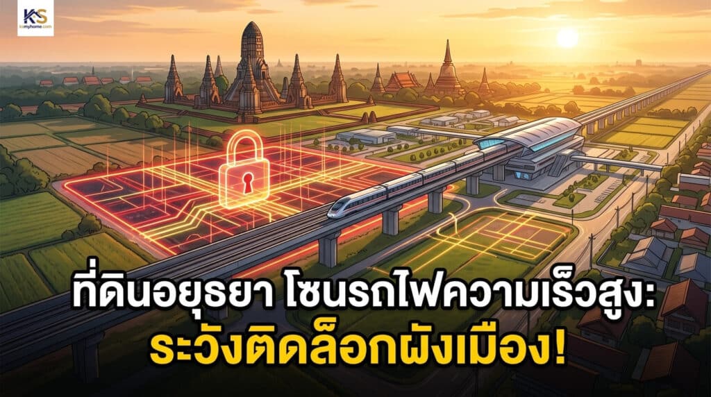ภาพกราฟิกหน้าปกบทความอสังหาริมทรัพย์ แสดงขบวนรถไฟความเร็วสูงแล่นผ่านพื้นที่ใกล้เคียงโบราณสถานและทุ่งนาในจังหวัดพระนครศรีอยุธยา โดยมีสัญลักษณ์รูปแม่กุญแจเรืองแสงสีแดงล็อกทับลงบนเส้นตารางแผนที่ พร้อมตัวอักษรระบุข้อความ "ที่ดินอยุธยา โซนรถไฟความเร็วสูง: ระวังติดล็อกผังเมือง!"