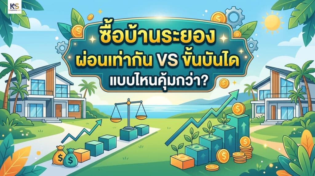 ภาพปกบทความกราฟิกสีสันสดใส หัวข้อ "ซื้อบ้านระยอง ผ่อนเท่ากัน VS ขั้นบันได แบบไหนคุ้มกว่า?" มีภาพประกอบเป็นบ้านพักอาศัย ตราชั่งเปรียบเทียบ ถุงเงิน และกราฟแสดงการผ่อนชำระ เพื่อสื่อถึงการวางแผนการเงินและสินเชื่อบ้าน
