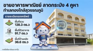 ประกาศขายอาคารพาณิชย์ 4 คูหา ลาดกระบัง ทำเลทองใกล้สุวรรณภูมิ พร้อมรายละเอียดพื้นที่ แนะนำโดยมาสคอตหุ่นยนต์