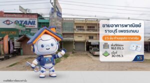 ภาพอินโฟกราฟิกประกาศขายอาคารพาณิชย์ 2.5 ชั้น ทำเลธุรกิจ ถนนเพชรเกษม ราชบุรี พร้อมระบุรายละเอียดพื้นที่ นำเสนอโดยมาสคอตหุ่นยนต์บ้าน 3 มิติ