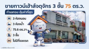 ภาพอินโฟกราฟิกประกาศขายทาวน์เฮ้าส์ 3 ชั้น ย่านจตุจักร ขนาด 75.6 ตารางวา ทำเลทอง โดยมีมาสคอตหุ่นยนต์พรีเซนเตอร์ยืนนำเสนอรายละเอียดทรัพย์ ได้แก่ 3 ห้องนอน 3 ห้องน้ำ และไม่มีที่จอดรถ