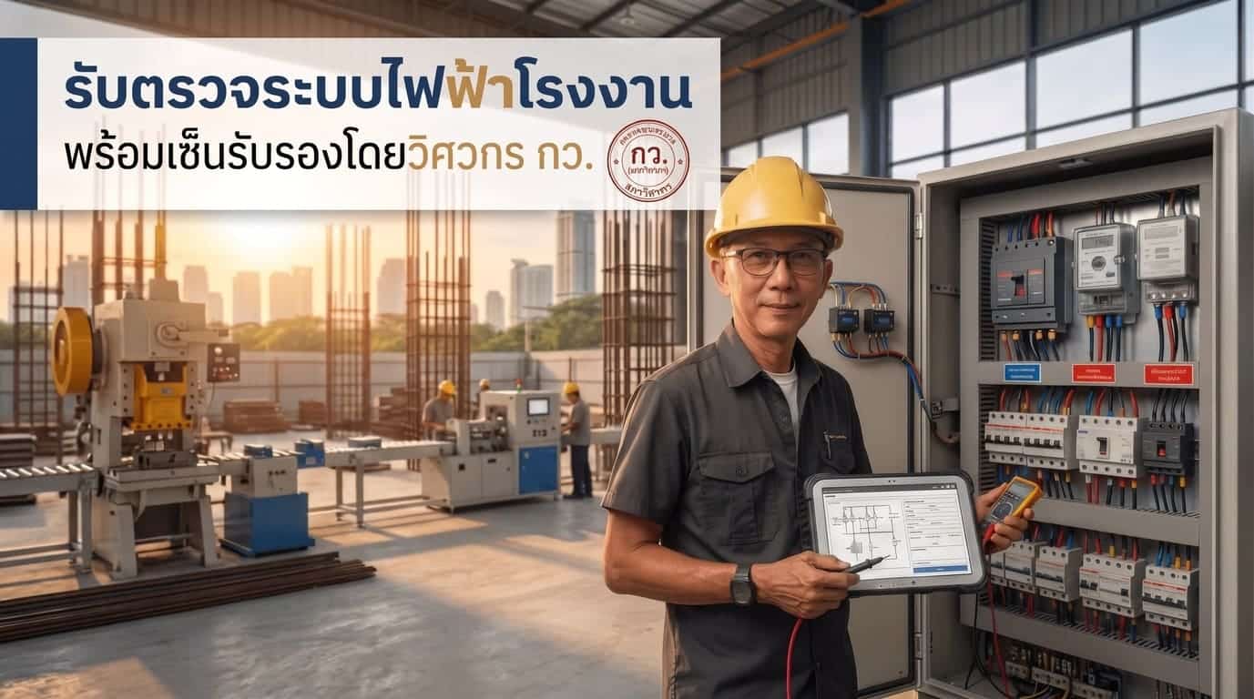 ภาพปกบทความบริการรับตรวจระบบไฟฟ้าโรงงาน พร้อมเซ็นรับรองความปลอดภัยโดยวิศวกร กว. แสดงภาพวิศวกรชายกำลังใช้แท็บเล็ตตรวจสอบแผงควบคุมไฟฟ้าภายในโรงงานอุตสาหกรรม