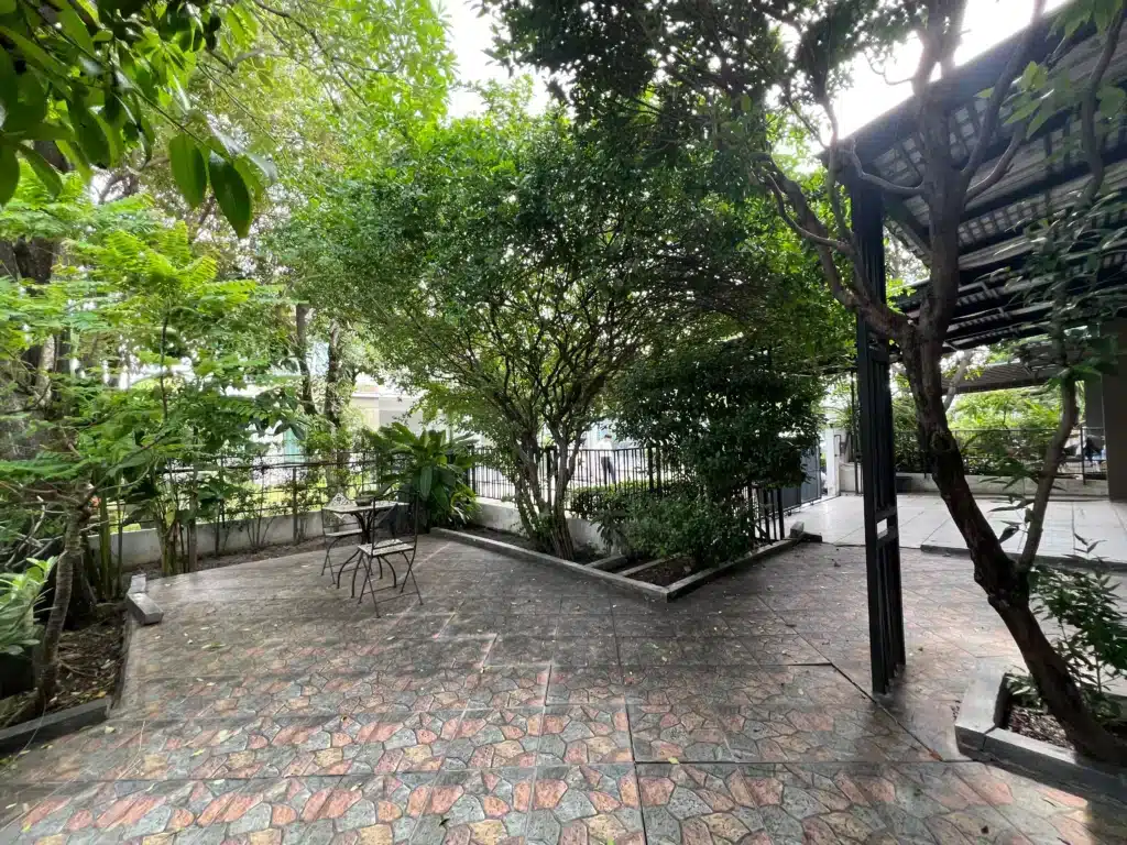 ภาพลานกว้างด้านข้างตัวบ้านที่ปูพื้นอย่างเป็นระเบียบและรายล้อมไปด้วยต้นไม้ใหญ่ที่ให้ร่มเงา แสดงให้เห็นถึงศักยภาพของพื้นที่ดินที่สามารถนำไปประยุกต์ใช้ประโยชน์ต่อยอดได้หลากหลายรูปแบบ