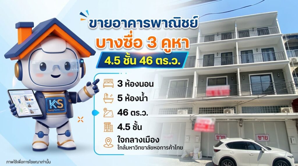 ขายอาคารพาณิชย์ บางซื่อ 3 คูหา 4.5 ชั้น 46 ตร.ว. ใกล้ ม.หอการค้าไทย พร้อมภาพมาสคอตหุ่นยนต์และรายละเอียดทรัพย์