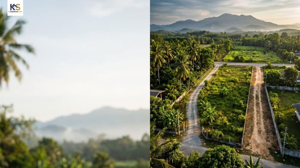 ที่ดินตาบอดในจังหวัดนครศรีธรรมราช ภาพถ่ายมุมสูงแสดงแปลงที่ดินและทางเข้าออก