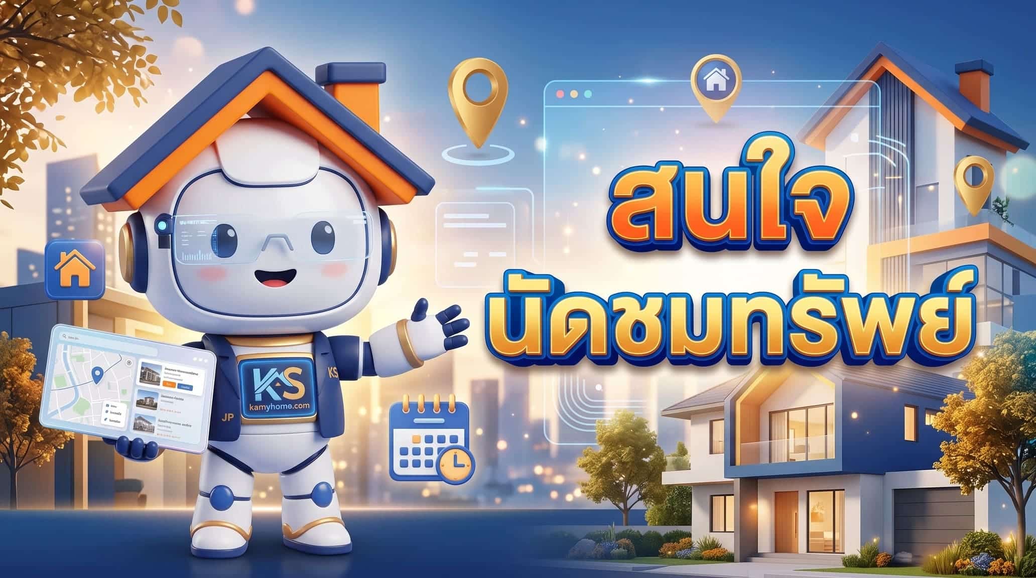 มาสคอตน้องโฮมมี่จาก KS My Home ถือแท็บเล็ตนำเสนอข้อมูลหน้าโครงการบ้านสวยงาม พร้อมข้อความ "สนใจนัดชมทรัพย์" สำหรับบริการด้านอสังหาริมทรัพย์